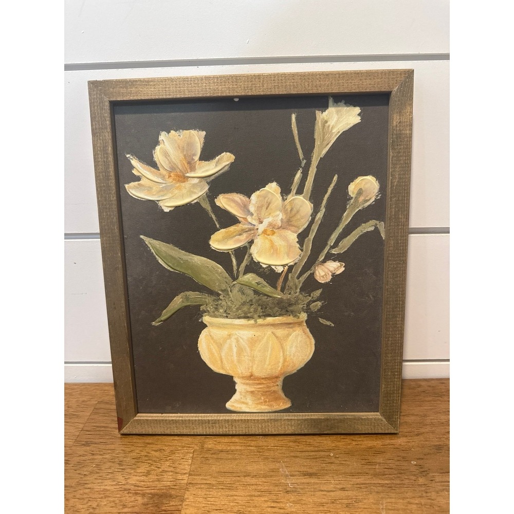 Vintage Style Floral Still Life Framed Wall Art Yellow Flowers Dark Background